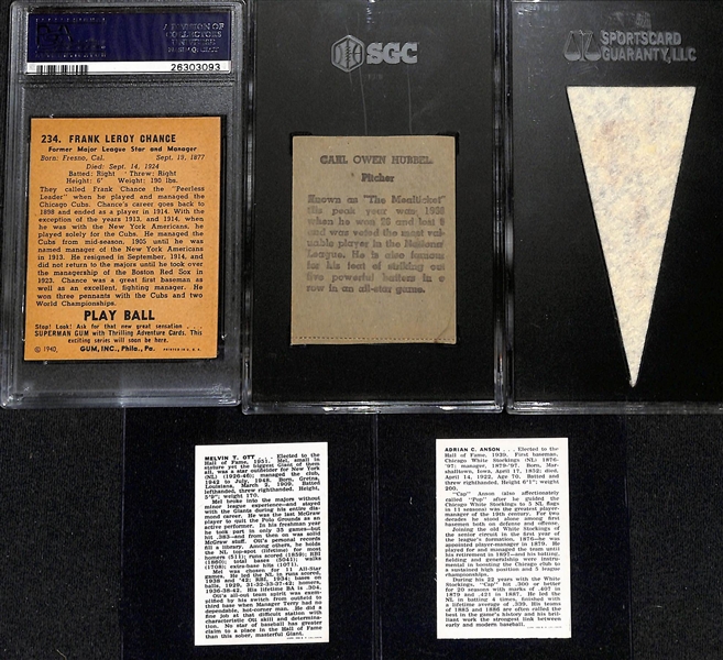 Vintage Baseball Card Lot - 1940 Play Ball Frank Chance (HOF) PSA 7 (OC), 1943 MP & Co. R302-1 Carl Hubbell (SGC Auth.), 1950 American Nut & Choc. F150 Whitey Kurowski (SGC Auth.), (6) 1950...